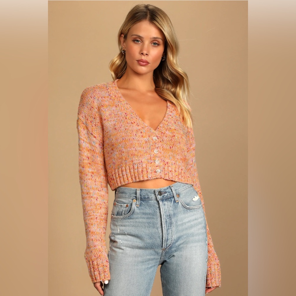 Lulus Cute Confetti Peach Multi Knit Cropped Cardigan Sweater Womens XL